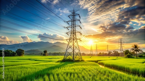 Tall electric cable transmission tower stands solo amidst lush green rice fields, its metal latticework glistening in the warm afternoon sunlight.