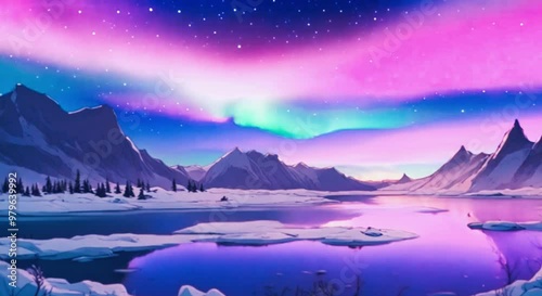 Aurora Lights Glowing in the night sky of northern pole	
4K Anime Style
