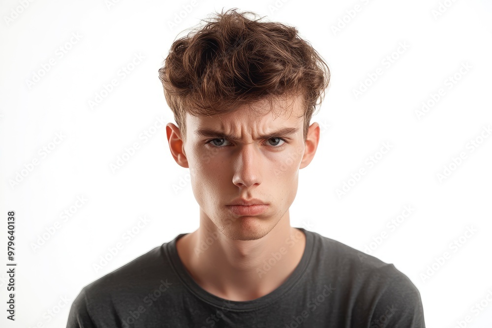 Frustrated young man looking at camera isolated over white background. Studio portrait of male face. A young handsome caucasian man poses for the camera with generative ai Frustrated young man looking at camera isolated over white background. Studio portrait of male face. A young handsome caucasian man poses for the camera with generative ai
