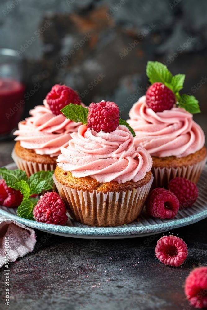 Delicious cup cake with raspberry fruit on table Delicious cup cake with raspberry fruit on table