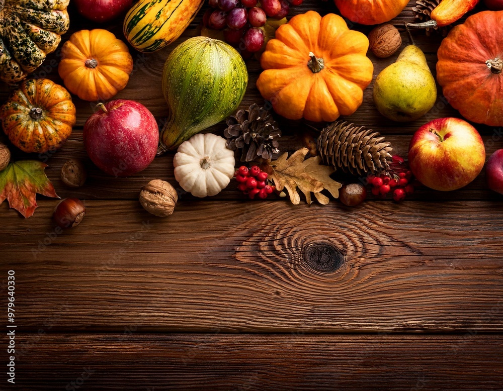 Harvest or Thanksgiving background with autumnal fruits and gourds on a rustic wooden table Harvest or Thanksgiving background with autumnal fruits and gourds on a rustic wooden table