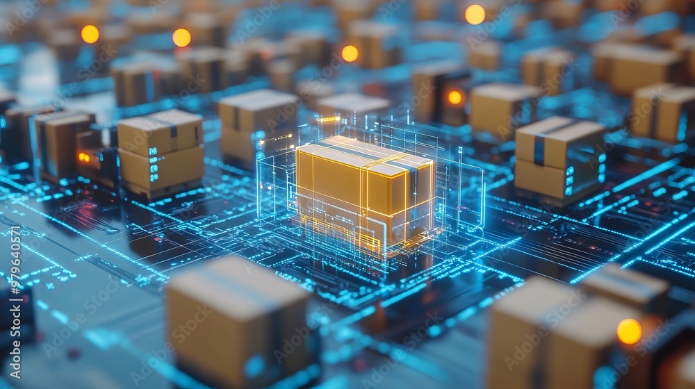 Smart warehouse management system using augmented reality technology to identify package picking and delivery . Future concept of supply chain and logistic business