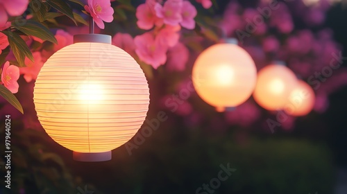 Flowershaped lanterns in a garden, glowing warmly, 3D illustration photo