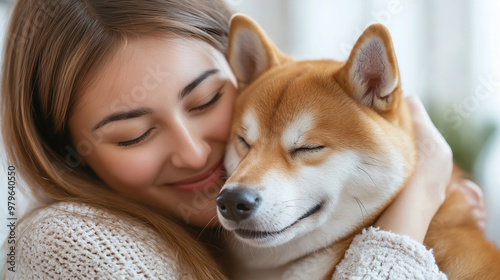 Young woman is hugging shiba inu dog with eyes closed