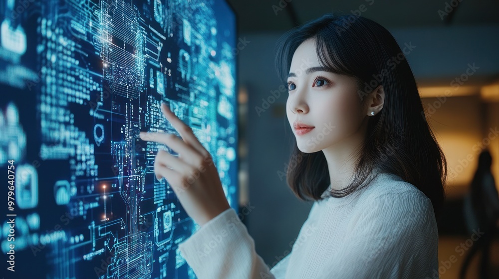 Woman interacting with glowing high-tech digital display