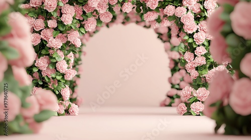 Flowercovered archway, entrance to a secret garden, 3D illustration photo