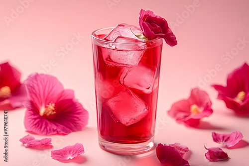 Iced Rose Hibiscus Tea with Fresh Rose Petals photo