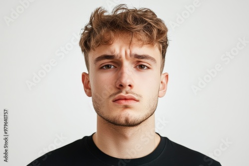 Frustrated young man looking at camera isolated over white background. Studio portrait of male face. A young handsome caucasian man poses for the camera with generative ai