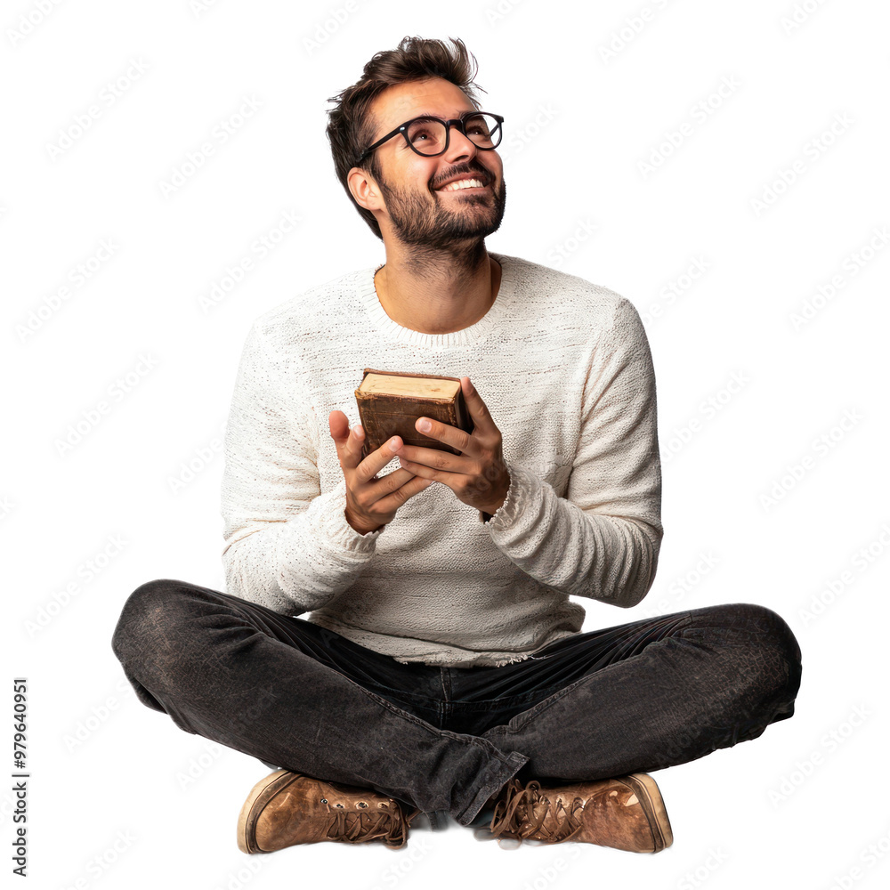 A man sitting cross-legged, holding an old item (like a toy or book), smiling gently as he looks at it isolated on transparency background