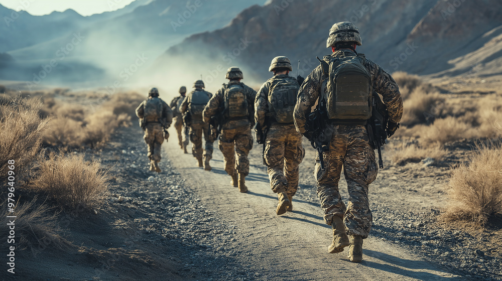 Squad of soldiers wearing camouflage uniforms walking in the desert Squad of soldiers wearing camouflage uniforms walking in the desert