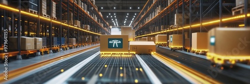 Smart warehouse management system using augmented reality technology to identify package picking and delivery . Future concept of supply chain and logistic business 