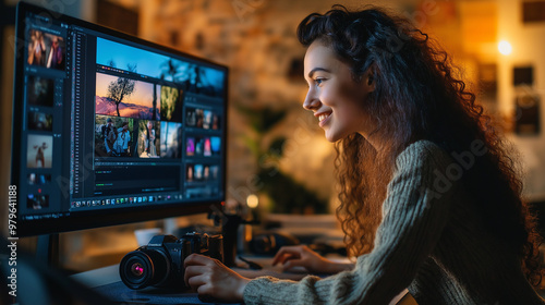 Smiling female photographer editing photos on computer at desk