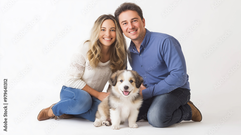Happy couple smiling and kneeling with puppy dog Happy couple smiling and kneeling with puppy dog
