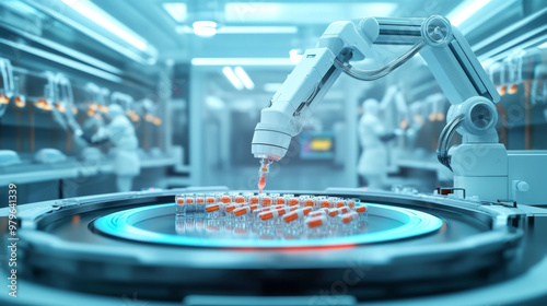 Custom drug 3D printer creating medication tailored to the patient's needs, robotic arms assembling the pills inside a futuristic medical lab photo