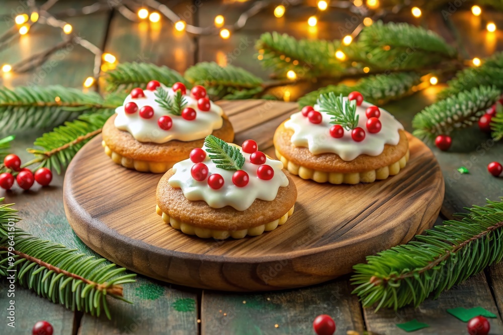 Three jolly cookie treats, adorned with icing and candies, sit on a rustic wooden board amidst fragrant pine branches and twinkling festive lights on a muted green background. Three jolly cookie treats, adorned with icing and candies, sit on a rustic wooden board amidst fragrant pine branches and twinkling festive lights on a muted green background.