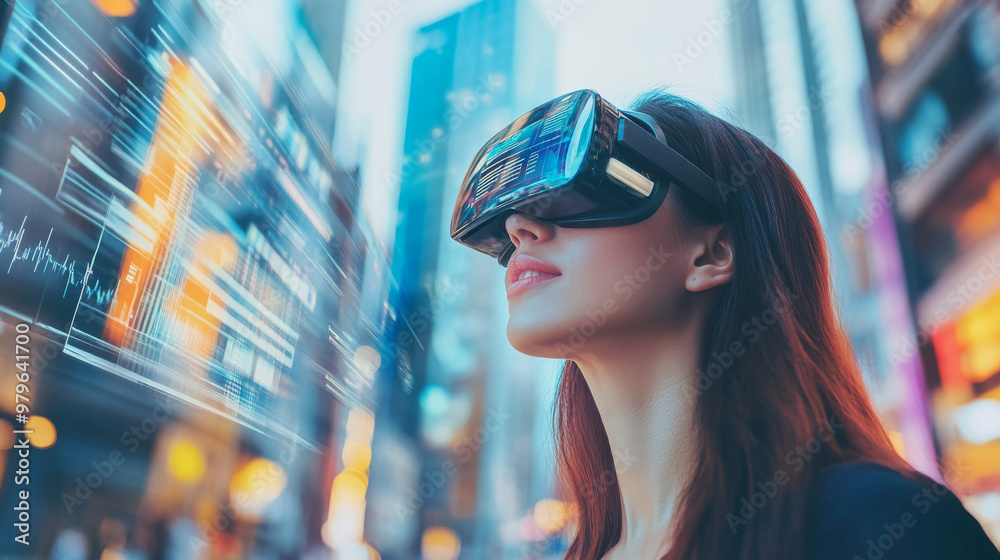 Businesswoman using an augmented reality device to check real-time market analysis in a bustling cityscape Businesswoman using an augmented reality device to check real-time market analysis in a bustling cityscape