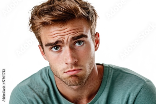 Frustrated young man looking at camera isolated over white background. Studio portrait of male face. A young handsome caucasian man poses for the camera with generative ai