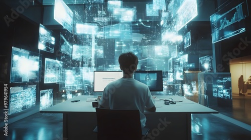 Person Working with Multiple Digital Screens in a Futuristic Setting