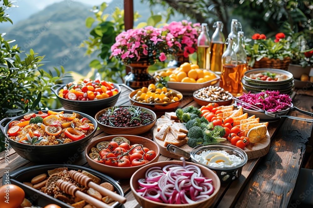 A table is covered with a variety of food, including fruits, vegetables A table is covered with a variety of food, including fruits, vegetables