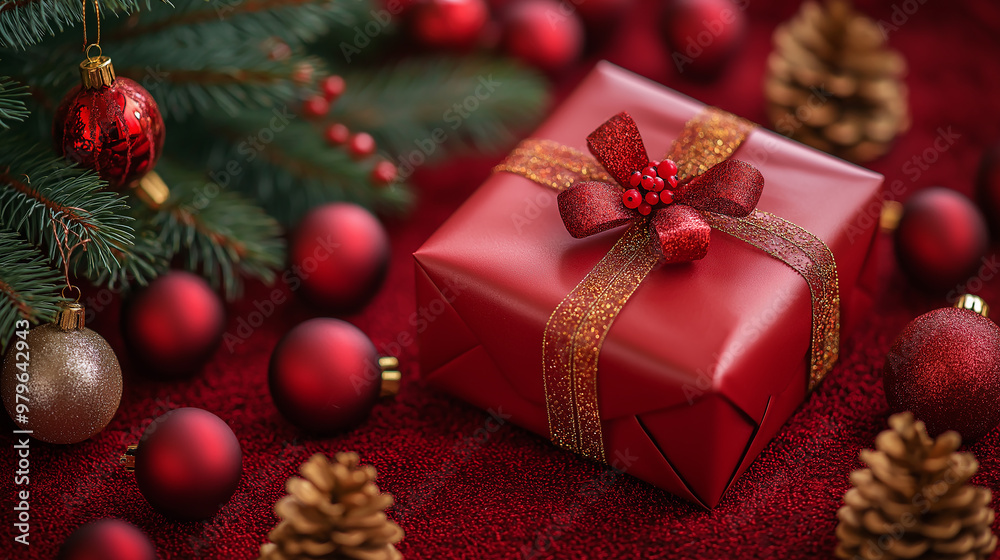 Red christmas gift with golden ribbon surrounded by ornaments and pine branches Red christmas gift with golden ribbon surrounded by ornaments and pine branches