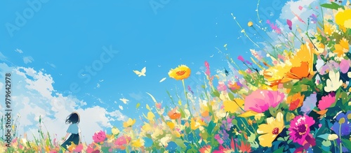 Floral Artwork Under a Bright Blue Sky in Spring