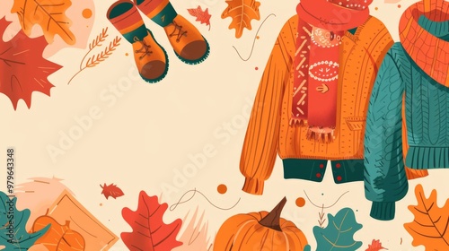 Autumn Clothing Illustration with Sweaters, Scarves, and Boots photo