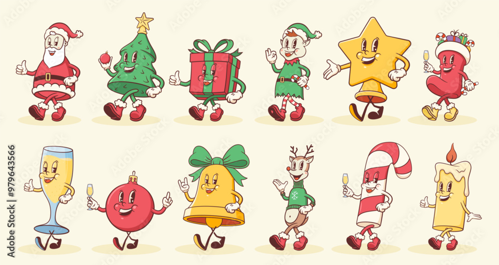 Fototapeta premium Groovy Christmas Retro Characters Set. Cartoon Santa, Tree, Reindeer, Elf, Gift Box Vector Winter Holiday Mascot Templates. Happy Vintage Cool New Year Personage Illustrations Collection Isolated