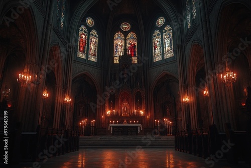 Interior of a dimly lit church with stained glass windows and candlelight