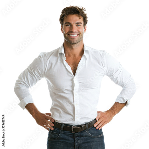 A man standing tall with hands on his hips, chest puffed out, and a confident smile isolated on transparency background