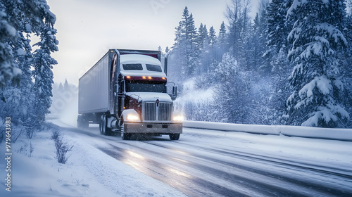 A large semi truck is driving down a snowy road