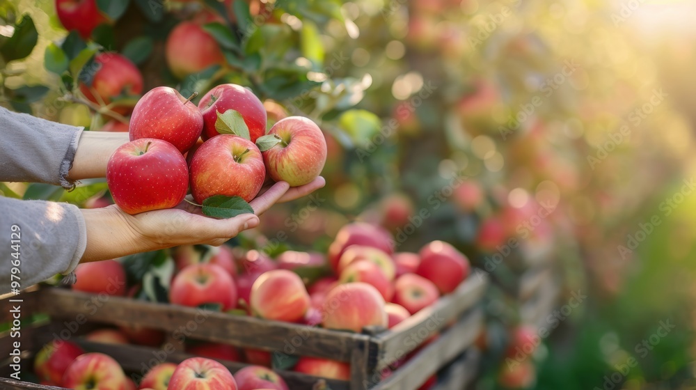 Fresh apple in wooden crate in plantation orchard farm Fresh apple in wooden crate in plantation orchard farm