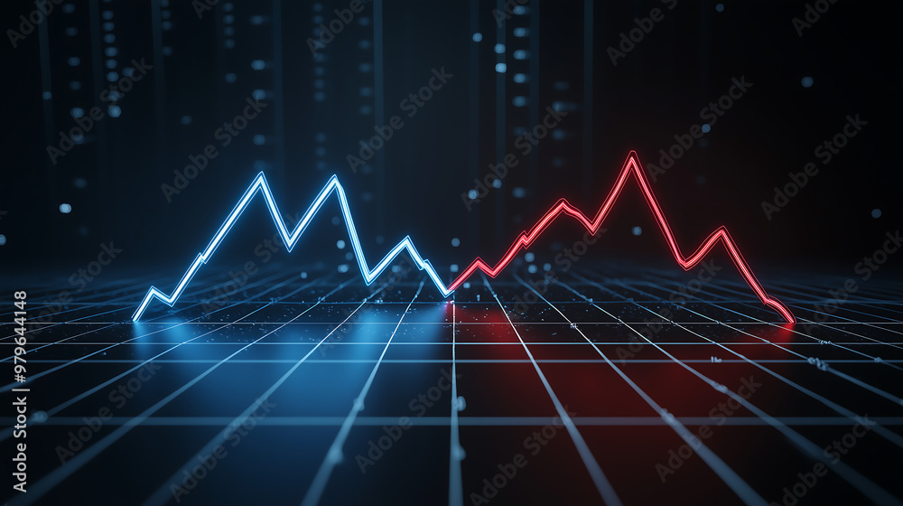 Blue and red glowing stock market graph going down on a dark background Blue and red glowing stock market graph going down on a dark background
