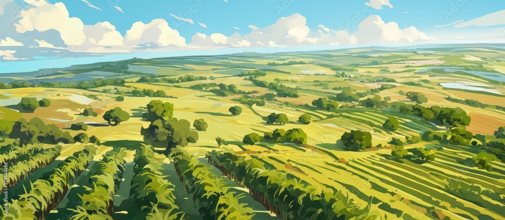 Fototapeta premium Aerial view of an expansive oil palm tree plantation