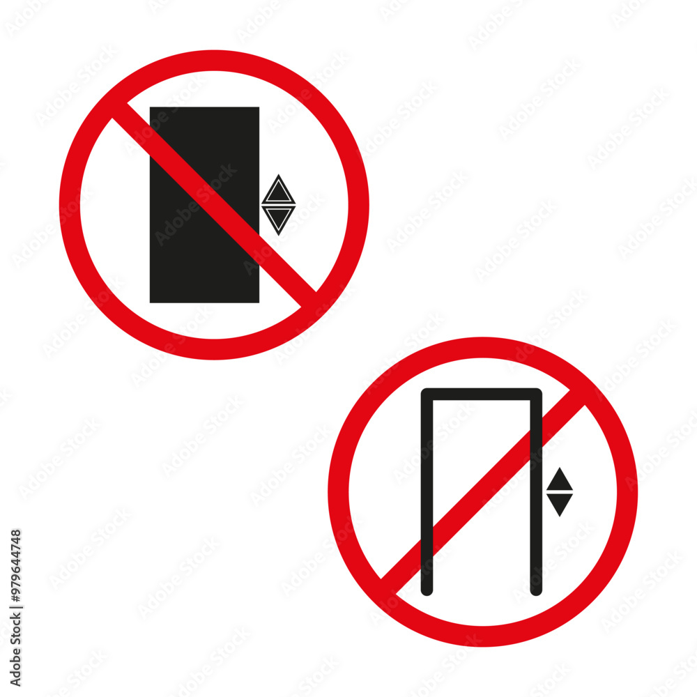 No elevator warning signs. Red crossed circle with elevator icon. Prohibited symbol for elevator use. Vector safety notice. No elevator warning signs. Red crossed circle with elevator icon. Prohibited symbol for elevator use. Vector safety notice.