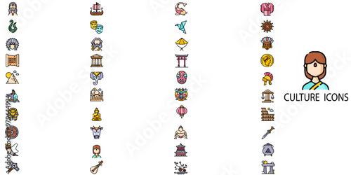 Culture simple concept 40 colour icons set. Contains such equality, culture, languages, tolerance, difference, belonging, human rights and ethnicity etc .Vector illustration.