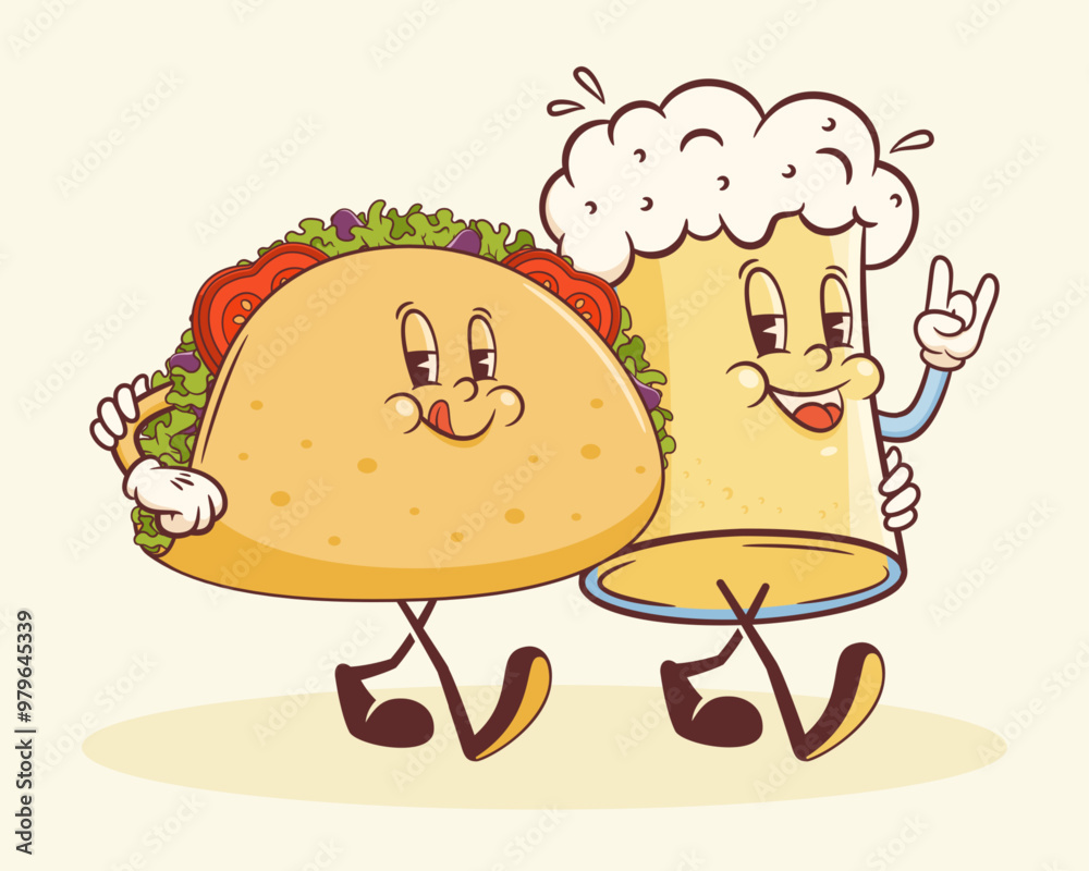 Groovy Taco and Beer Retro Characters Label. Cartoon Tortilla and Beverage Glass Mug Walking Smiling Vector Street Food Mascot Template. Happy Vintage Cool Mexican Fast Food Illustration Isolated Groovy Taco and Beer Retro Characters Label. Cartoon Tortilla and Beverage Glass Mug Walking Smiling Vector Street Food Mascot Template. Happy Vintage Cool Mexican Fast Food Illustration Isolated