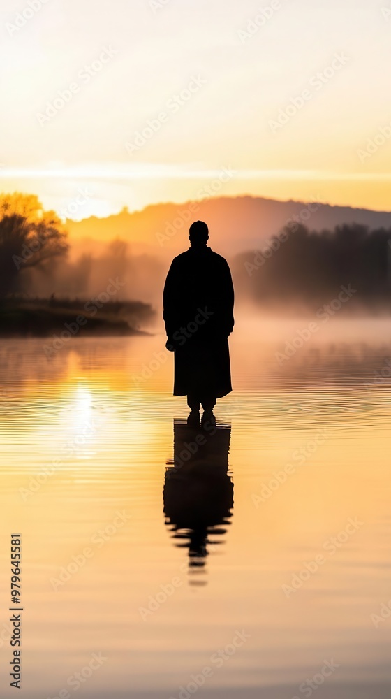 Fototapeta premium Jesus standing by a river at dawn, serene water reflecting his peaceful figure, symbolizing purity
