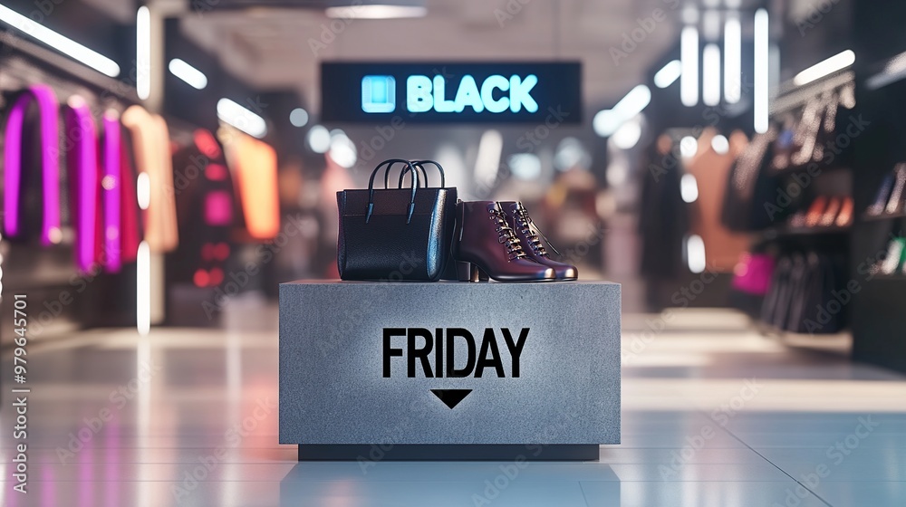 A stylish retail display featuring bags and boots, promoting a shopping event. A stylish retail display featuring bags and boots, promoting a shopping event.
