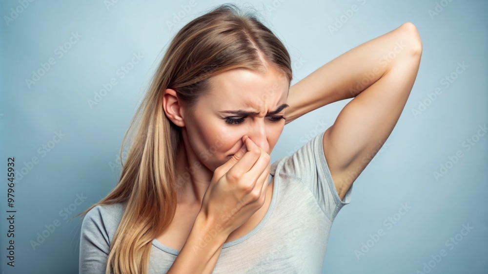 Uncomfortable young woman squeezes nose shut, making a disgusted face, as she smells a strong and unpleasant odor emanating from her own armpit area. Uncomfortable young woman squeezes nose shut, making a disgusted face, as she smells a strong and unpleasant odor emanating from her own armpit area.