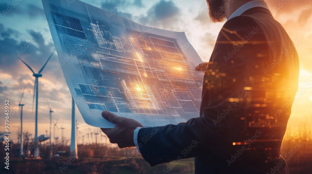 An entrepreneur holding a blueprint of a sustainable energy project ...