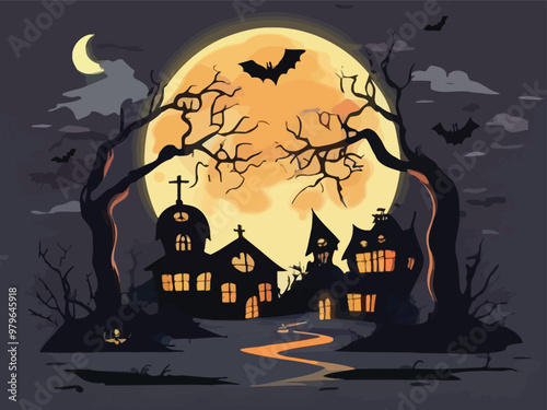 Halloween best hunted house graphic with  mid night forest horror illustration