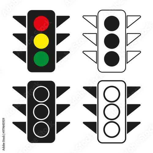 Traffic light signals. Stop, caution, go symbols. Red, yellow, green lights. Vector road signs.