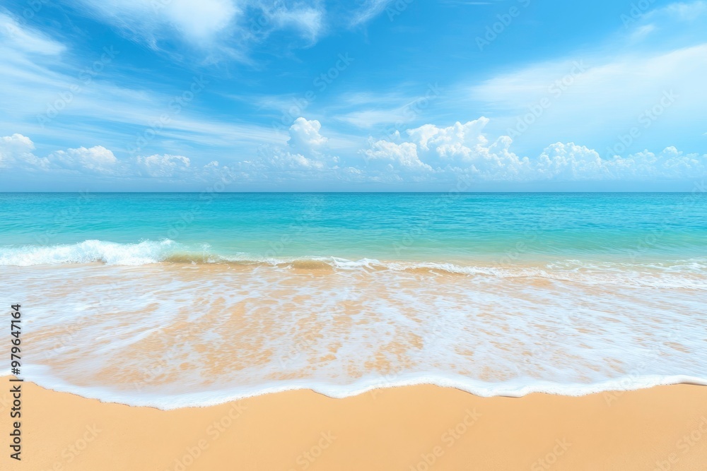 Gentle Wave On Sandy Tropical Seashore - Beach Vacation Background with generative ai Gentle Wave On Sandy Tropical Seashore - Beach Vacation Background with generative ai