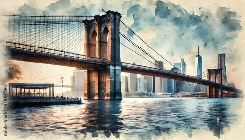 A watercolor painting of the Brooklyn Bridge at dawn, reflecting over the East River with a serene city skyline.