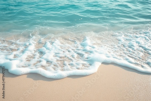 Gentle Wave On Sandy Tropical Seashore - Beach Vacation Background with generative ai