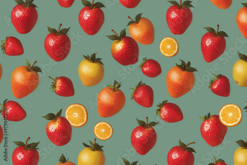 seamless background with apples and strawberries with pale blue retro color