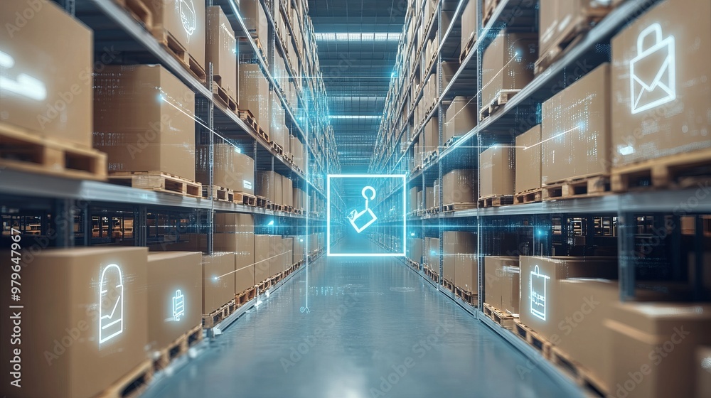 Smart warehouse management system using augmented reality technology to identify package picking and delivery . Future concept of supply chain and logistic business Smart warehouse management system using augmented reality technology to identify package picking and delivery . Future concept of supply chain and logistic business