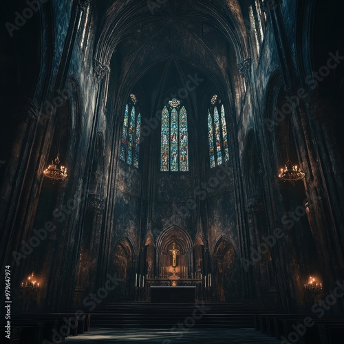 Wallpaper Mural A Dark and Mysterious Interior of a Gothic Church with a Stained Glass Window Torontodigital.ca