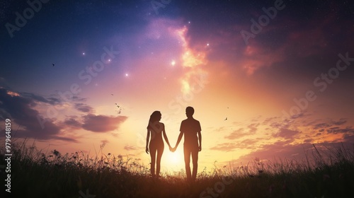 A silhouette of a couple holding hands while standing in a field under a mystical, starry sky at sunset, evoking romance, serenity, and a dreamy, peaceful atmosphere