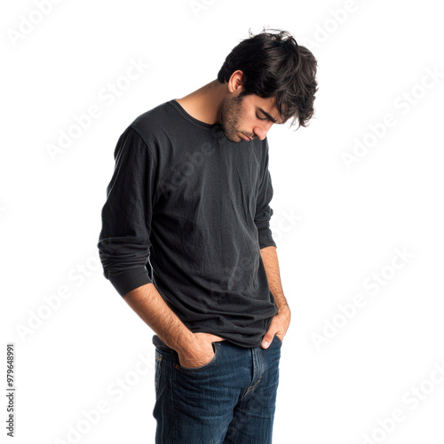 A man standing with slumped shoulders and hands in pockets, looking down with a forlorn expression isolated on transparency background